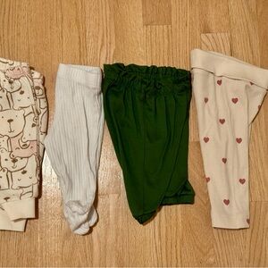 Set of Four 0-3 mo Baby Leggings - Green, White, Cream with Hearts